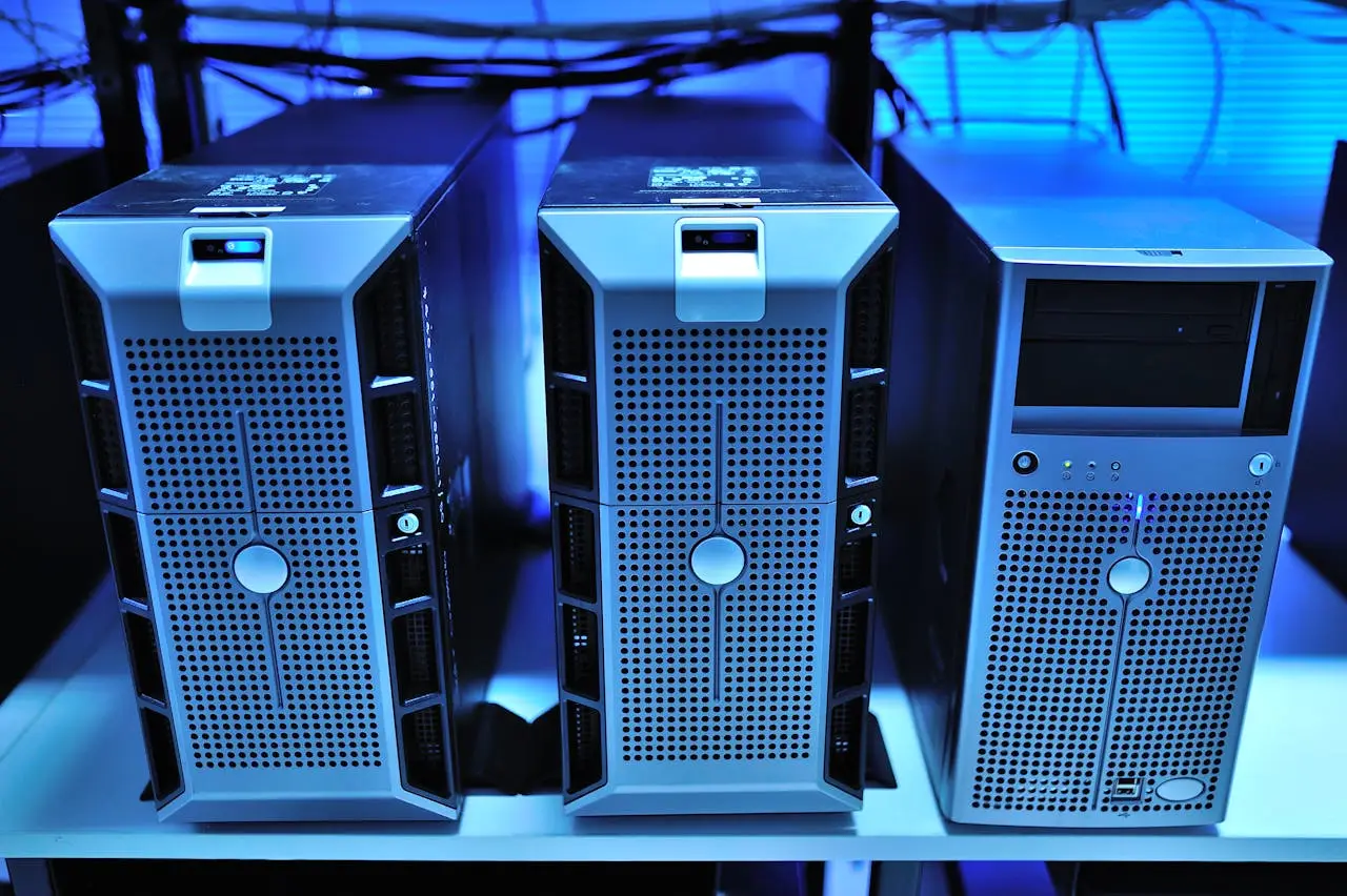 Home Close-up view of modern rack-mounted server units in a data center.
